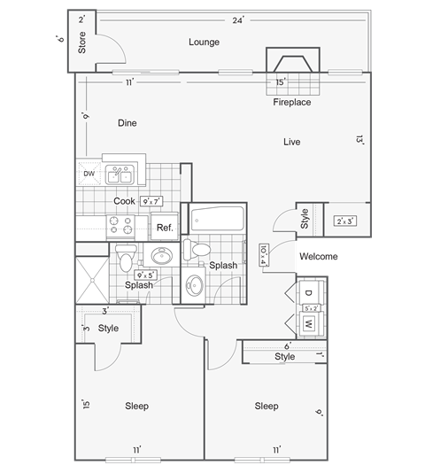 2 bedroom 2 bathroom floor plan at BelAire, Rancho Cucamonga, California